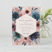 Navy Blush Lebendige Flora Hochzeit Einladung (Stehend Vorderseite)
