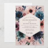 Navy Blush Lebendige Flora Hochzeit Einladung (Vorne/Hinten)