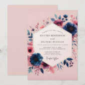 Navy Blush Moody Bloom Wedding Einladung (Vorne/Hinten)