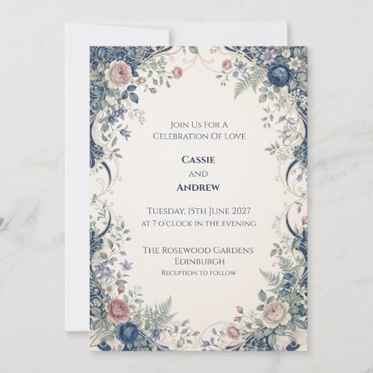 Navy-Blush-Ornamentale-Floral-Hochzeit Einladung (Vorderseite)