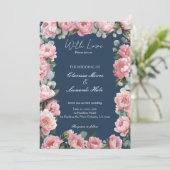 Navy Blush Peony Eucalyptus Wedding Invitation Einladung (Stehend Vorderseite)