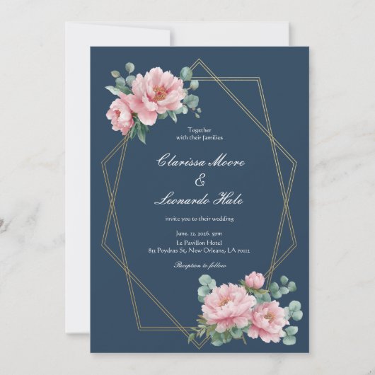 Navy Blush Peony Gold Frame Wedding  Einladung (Vorderseite)