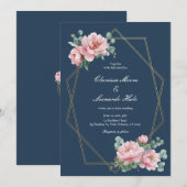 Navy Blush Peony Gold Frame Wedding  Einladung (Vorne/Hinten)