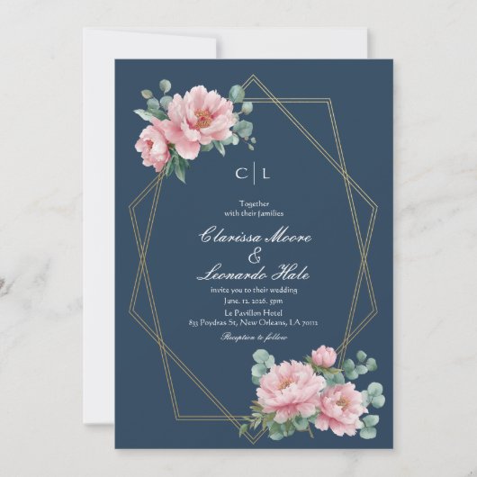Navy Blush Peony Gold Frame Wedding  Einladung (Vorderseite)
