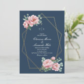 Navy Blush Peony Gold Frame Wedding  Einladung (Stehend Vorderseite)