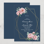 Navy Blush Peony Gold Frame Wedding  Einladung (Vorne/Hinten)