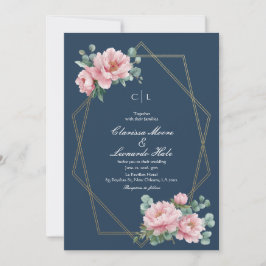 Navy Blush Pfingstrose Gold Rahmen Hochzeit Einladung