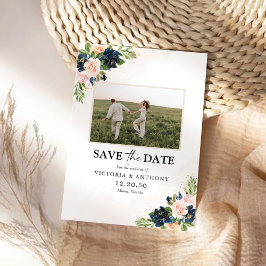 Navy & Blush Pink Bloral Save the Date mit Foto