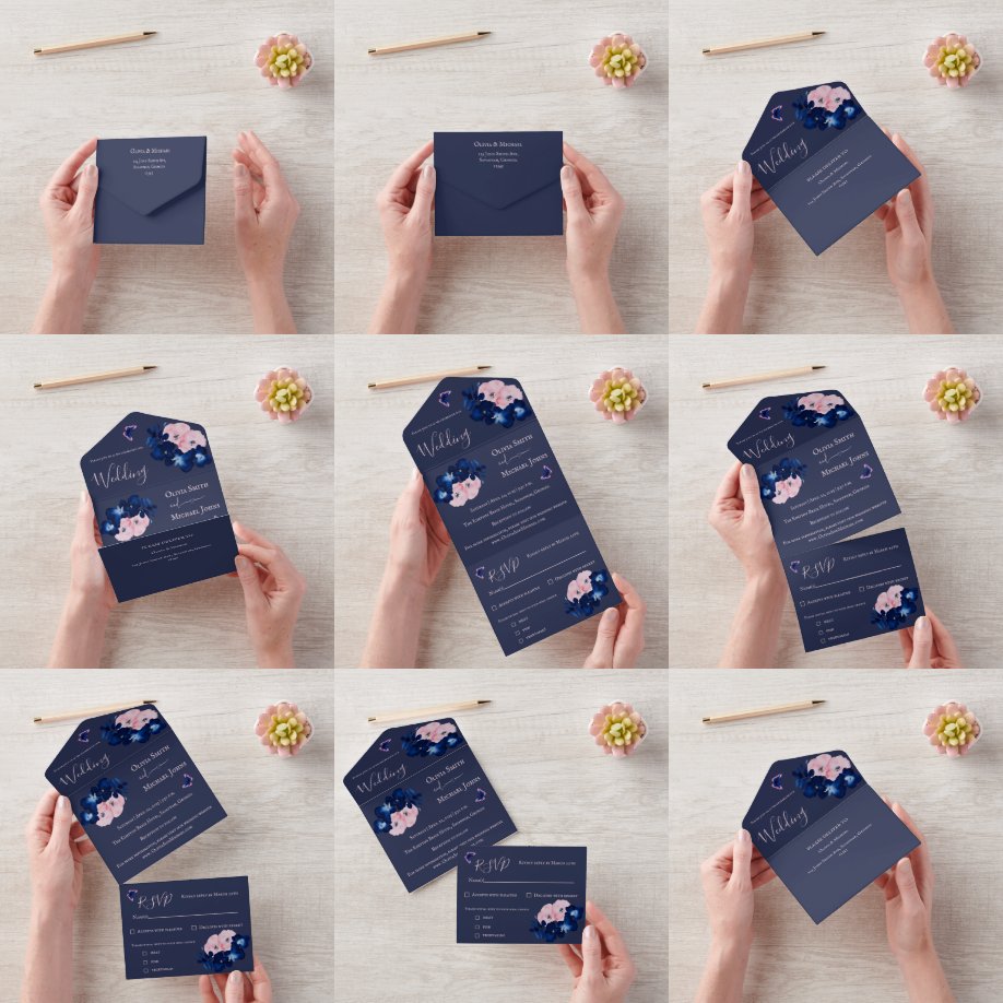 Navy-Blush-Pink-Blumen-Hochzeits-Einladung All In One Einladung