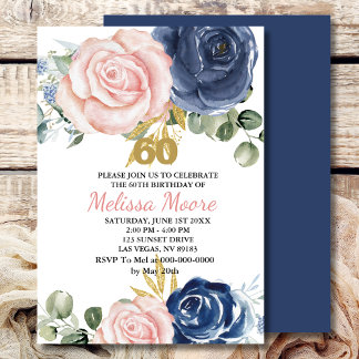 Navy blush pink Blütenblüte 60. Geburtstag Einladung