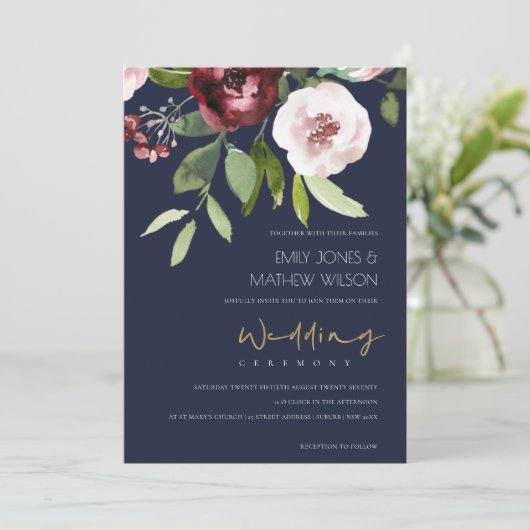 NAVY BLUSH PINK BURGUNDY PEONY FLORAL WEDD EINLADUNG (Stehend Vorderseite)