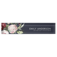 NAVY BLUSH PINK BURGUNDY PROTEA FLORAL WATERCOLOR