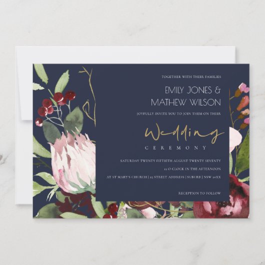 NAVY BLUSH PINK BURGUNDY PROTEA FLORAL WEDD EINLADUNG (Vorderseite)