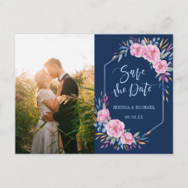 Navy Blush Pink Floral Boho Foto Save the Date Einladungspostkarte