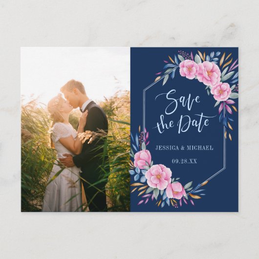 Navy Blush Pink Floral Boho Foto Save the Date Einladungspostkarte (Vorderseite)