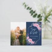Navy Blush Pink Floral Boho Foto Save the Date Einladungspostkarte (Stehend Vorderseite)