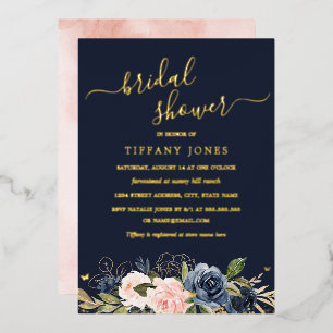 Navy Blush Pink Floral Butterfly Brautparty Folieneinladung
