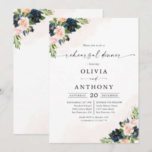 Navy & Blush Pink Probe Dinner Einladung (Vorne/Hinten)