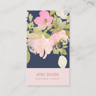 NAVY BLUSH PINK WATERCOLOR ROSE FLORAL BUNCH VISITENKARTE