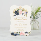 Navy Blush Princess Floral Tiara Birthday Einladung (Stehend Vorderseite)