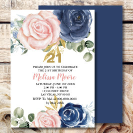 Navy blush Rosa Blütenblume 21. Geburtstag Einladung