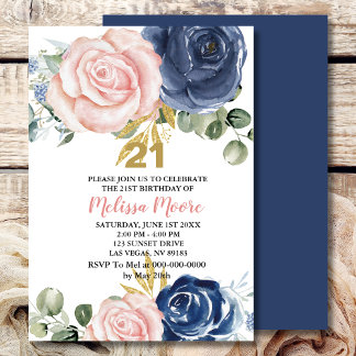 Navy blush Rosa Blütenblume 21. Geburtstag Einladung