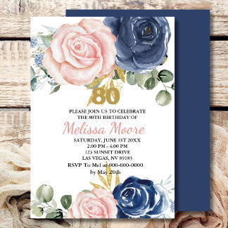 Navy blush Rosa Blütenblume 80. Geburtstag Einladung