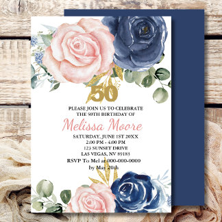 Navy blush Rosa Blütenblüte 50. Geburtstag Einladung