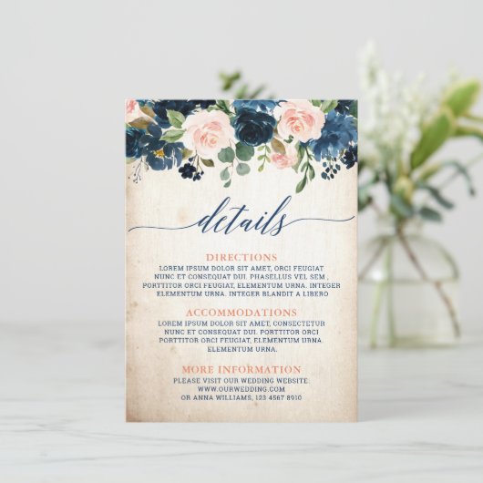 Navy Blush Rose Boho Rustic Wedding Details Begleitkarte (Stehend Vorderseite)