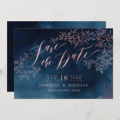 Navy Blush rustikale Blumenkalligraphie Save the D Save The Date (Vorne/Hinten)