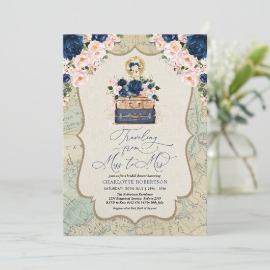 Navy Blush Travel Adventure Brautparty Einladung (Stehend Vorderseite)
