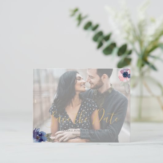 Navy & Blush Wasserfarben Foto Save the Date Einladungspostkarte (Stehend Vorderseite)