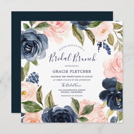 Navy Blush Watercolor Blume Brautparty Brunch Einladung (Vorne/Hinten)