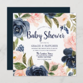 Navy Blush Watercolor Blume Kinderdusche Einladung (Vorne/Hinten)