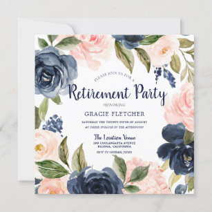 Navy Blush Watercolor Blume Ruhestand Party Einladung
