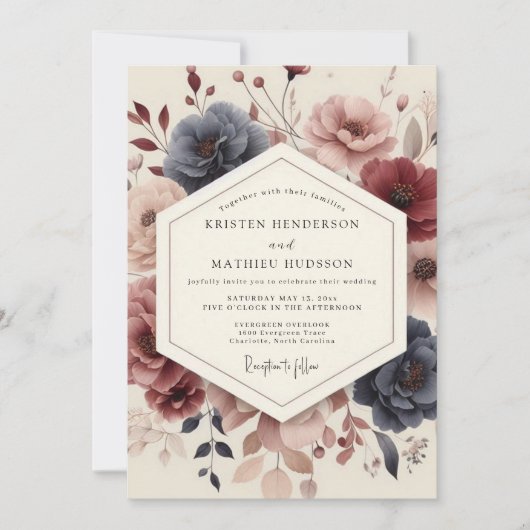 Navy-Blüten-Hochzeit Einladung (Vorderseite)