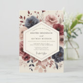 Navy-Blüten-Hochzeit Einladung (Stehend Vorderseite)