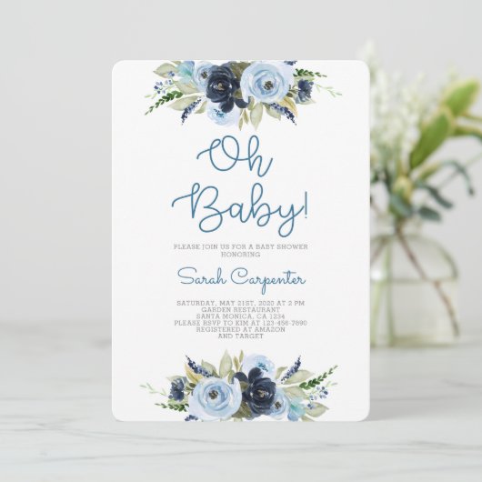 Navy Blütendusche Einladung (Stehend Vorderseite)