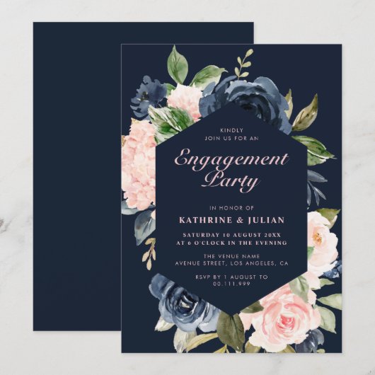 Navy Blütenfest Einladung (Vorne/Hinten)