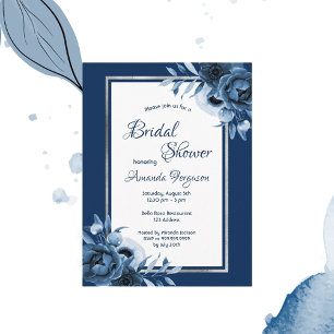 Navy Blütenflorchen Silber Brautdusche Einladung Postkarte