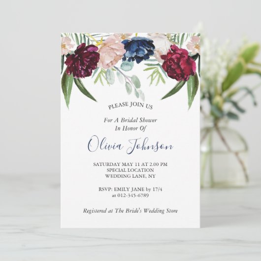 Navy Blütengrün Brautparty Einladung (Stehend Vorderseite)