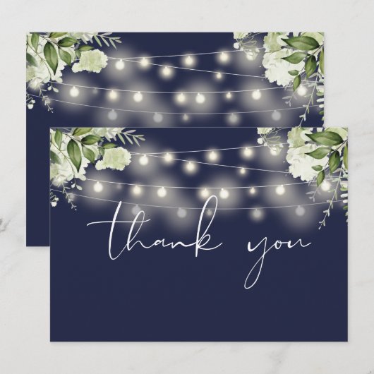Navy Blütengrün String Lights Dankeskarte (Vorne/Hinten)