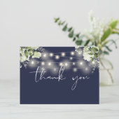 Navy Blütengrün String Lights Dankeskarte (Stehend Vorderseite)