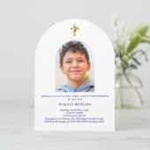 Navy Bogen Foto Junge Erste Heilige Kommune Einladung (Stehend Vorderseite)