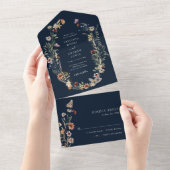 Navy Boho Floral All in One Wedite Einladung (Abreißen)