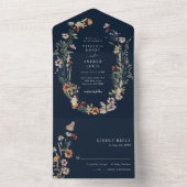 Navy Boho Floral All in One Wedite Einladung (Innen Boden)
