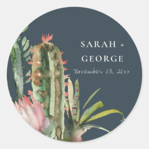 NAVY BOHO PINK FLORAL DESERT CACTI FOLIAGE WEDD RUNDER AUFKLEBER