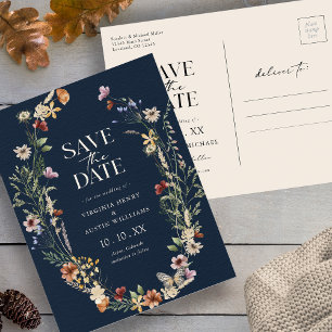 Navy Boho Save the Date Postcard Postkarte