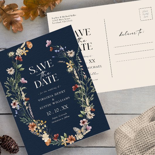 Navy Boho Save the Date Postcard Postkarte