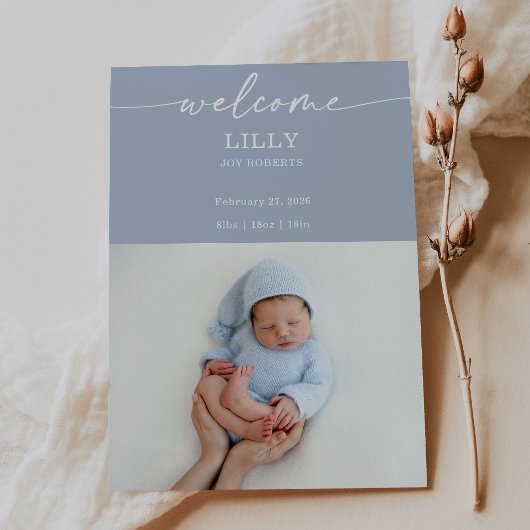 Navy Boho Welcome Baby Photo Announcement Card Einladung